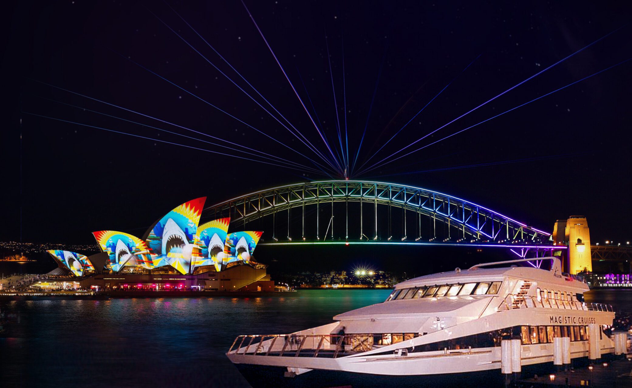 The image of the small cruise boat in Sydney Harbour during Vivid