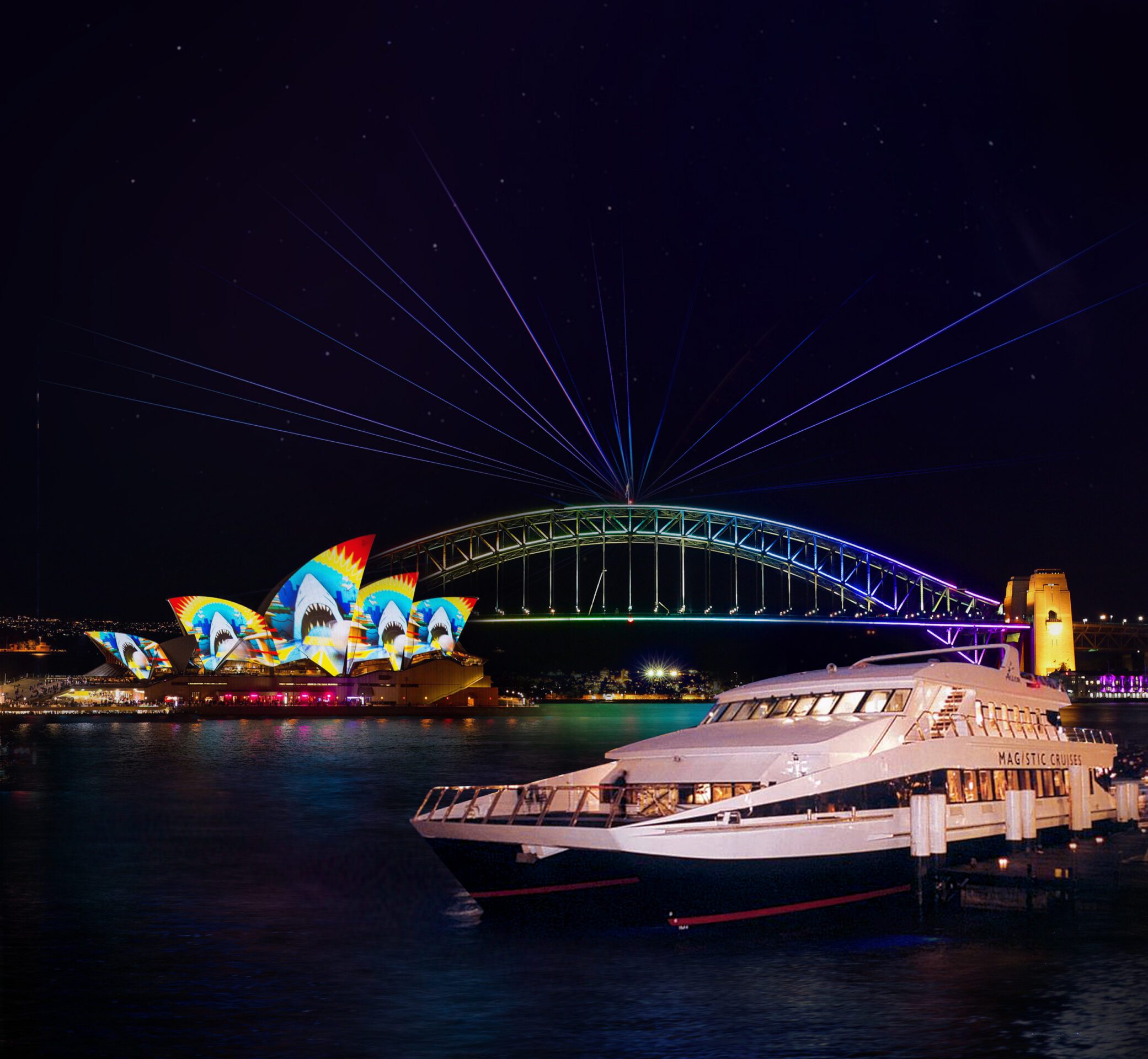 The image of the small cruise boat in Sydney Harbour during Vivid
