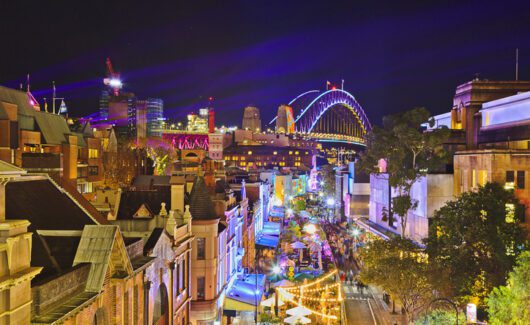 Sydney, Australia - 29 May 2022: Sydney city landmarks at Vivid Sydney light show.