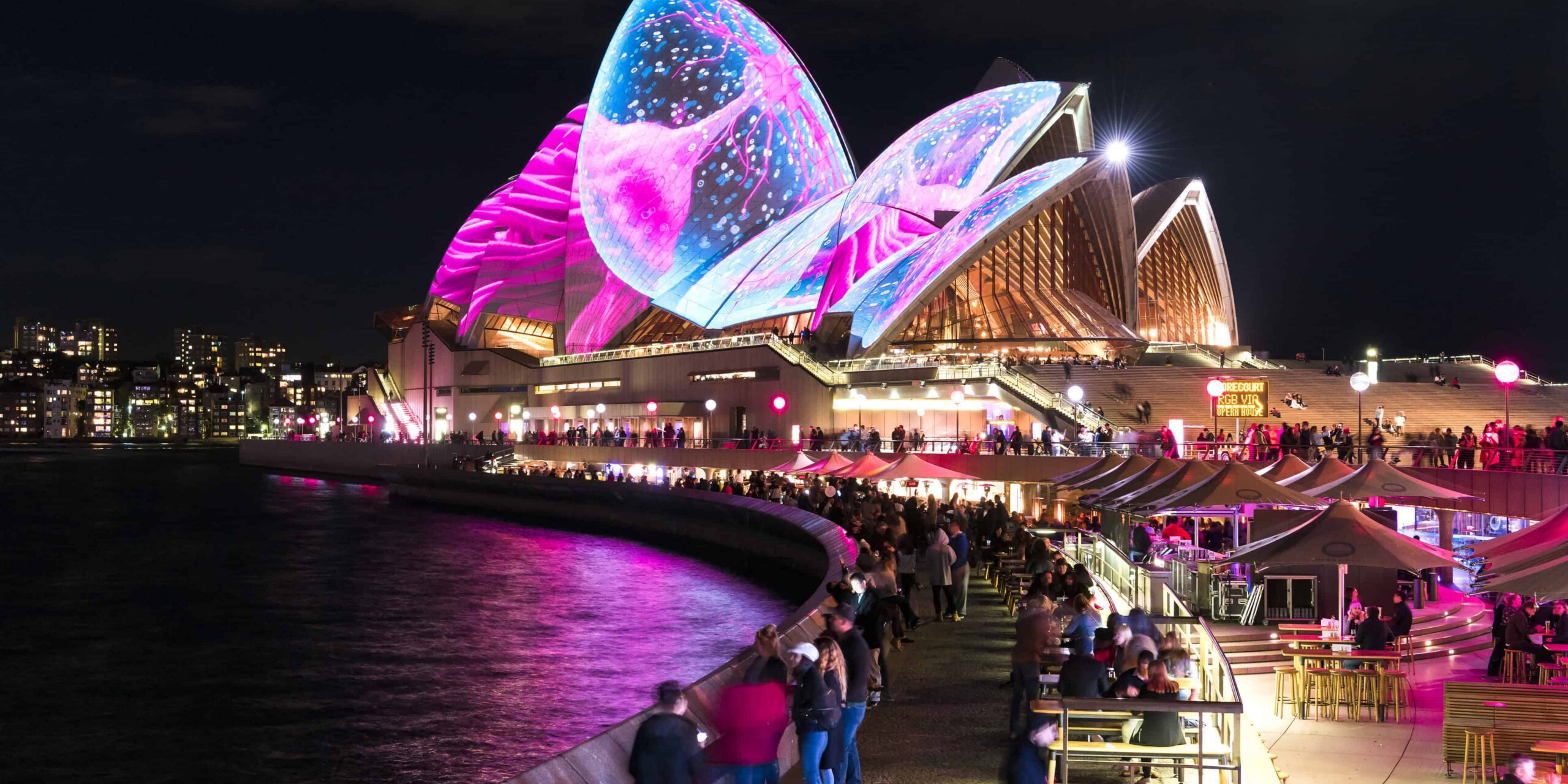 Sydney city landmarks at Vivid Sydney light show.