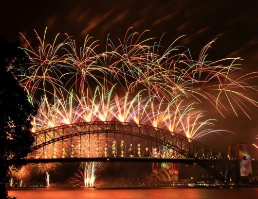 The image of Sydney Harbour bridge with New Year's Eve fireworks